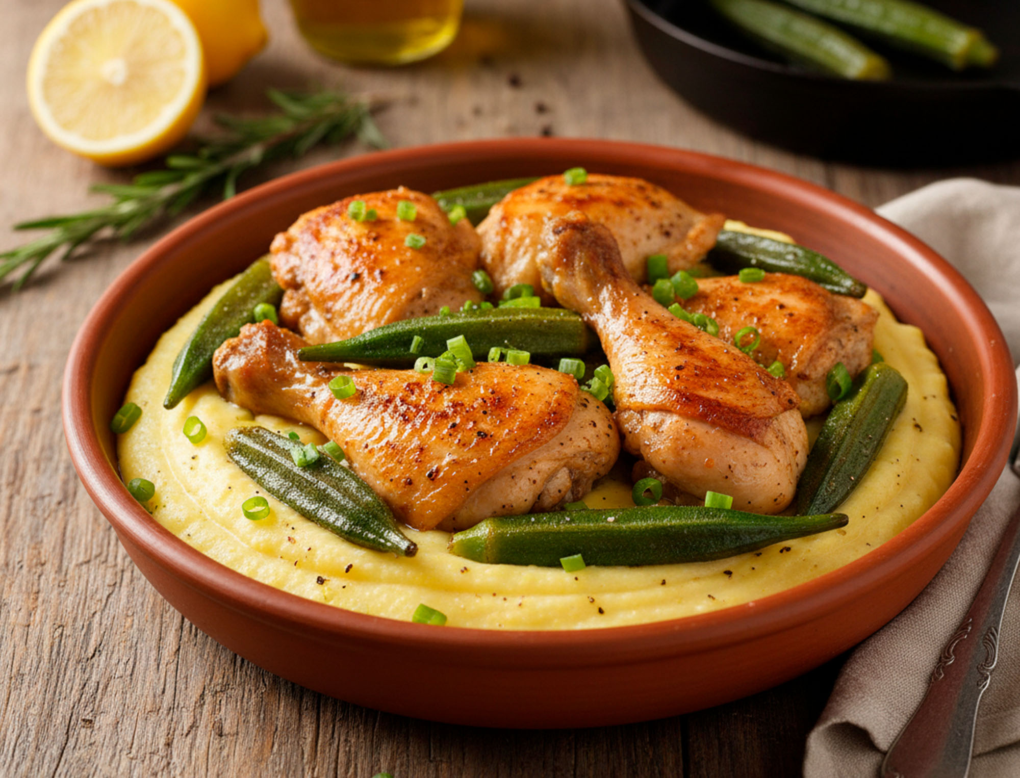 Filé de Coxas e Sobrecoxas Temperado Ad'oro com Quiabo e Polenta – O Sabor do Interior na Sua Mesa com Rapidez!